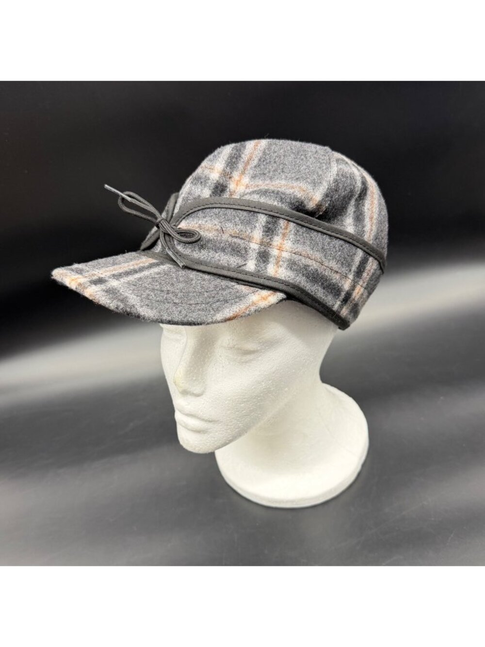 Stormy Kromer Plaid Wool Trapper Hat Size 7 USA Made Gray Unisex Winter Cap